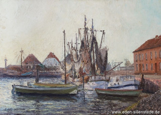 Hooksiel, Alter Hafen 1938, 1960er, 70,5x50 cm, Öl auf Leinwand, Besitz Stadtverwaltung Jever (WV-Nr. 1065)