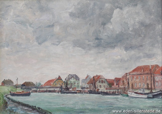Hooksiel, Alter Hafen, 1950-60er, 64,3x46,5 cm, Öl auf Leinwand, Privatbesitz (WV-Nr. 1158)