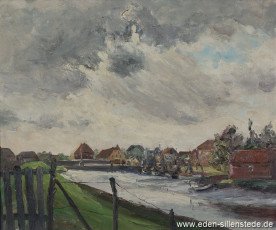 Hooksiel, Alter Hafen, 1950er, 60,5x50,2 cm, Öl auf Leinwand, Privatbesitz (WV-Nr. 1447)
