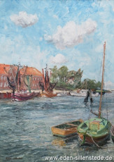 Hooksiel, Alter Hafen, 1960er, 50x70 cm, Öl auf Leinwand, Privatbesitz (WV-Nr. 1204)