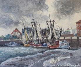 Hooksiel, Alter Hafen, 1960er, 61x50cm, Öl auf Leinwand, Privatbesitz (WV-Nr. 1133)