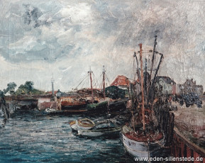Hooksiel, Alter Hafen, 1960er, Öl auf Leinwand, Besitz Landkreis Friesland (WV-Nr. 646)