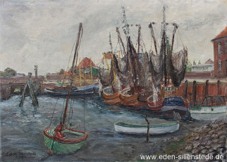 Hooksiel, Alter Hafen, 1966, 61x43,5 cm, Öl auf Leinwand, Privatbesitz (WV-Nr. 1237)