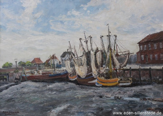 Hooksiel, Alter Hafen, 1973, 70x50 cm, Öl auf Leinwand, Privatbesitz (WV-Nr. 813)