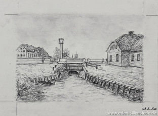 Hooksiel, Alter Hafen, Schleusentor, 1920er, 28x20 cm, Kohlezeichnung, Nachlass Arthur Eden (WV-Nr. 298)