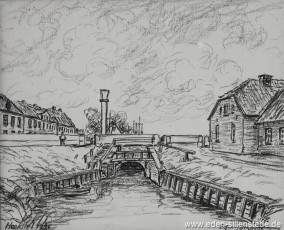 Hooksiel, Alter Hafen, Schleusentor, 1926, 27x22,5 cm, Kohlezeichnung, Besitz Landkreis Friesland (WV-Nr. 627)