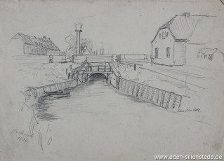 Hooksiel, Alter Hafen, Schleusentor, 1926, 32x22 cm, Bleistiftzeichnung, Nachlass Arthur Eden (WV-Nr. 302)