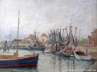 Hooksiel, Alter Hafen, um 1960, 60x80cm, Öl auf Leinwand, Privatbesitz (WV-Nr. 915)
