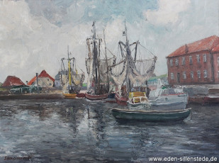 Hooksiel, Alter Hafen, um 1960, 70x52 cm, Öl auf Leinwand, Privatbesitz (WV-Nr. 468)