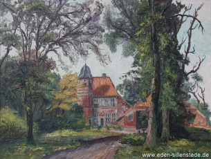 Hooksiel, Umland, Burg Fischhausen, um 1960, 66x50,3 cm, Öl auf Leinwand, Privatbesitz (WV-Nr. 1130)