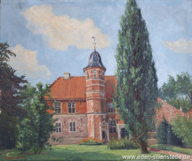 Hooksiel, Umland, Burg Fischhausen,um 1950, 56,8x47,2 cm, Öl auf Leinwand, Besitz Schlossmuseum Jever (WV-Nr. 1388)