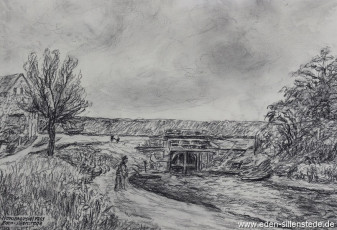 Horumersiel, Alter Hafen, Sieltor, 1961, 29x20 cm, Kohlezeichnung, Privatbesitz (WV-Nr. 29)