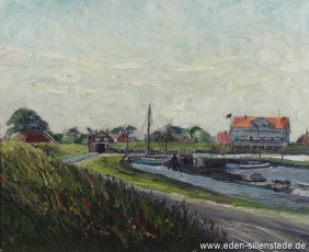 Horumersiel, Blick auf den Hafen, 1961, 57x46,5 cm, Öl auf Leinwand, Besitz Schlossmuseum Jever (WV-Nr. 782)