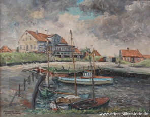 Horumersiel, Hafen, 1962, 62,3x48,4 cm, Öl auf Leinwand, Privatbesitz (WV-Nr. 1401)