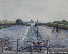 Horumersiel, Hafen bei Ebbe, 1962, 49,5x39 cm, Öl auf Leinwand, Privatbesitz (WV-Nr. 531)
