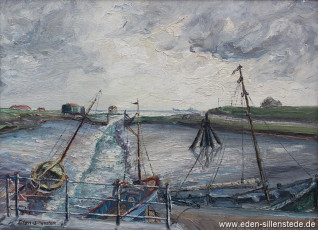 Horumersiel, Hafen bei Ebbe, um 1960, 60x44,5 cm, Öl auf Leinwand, Besitz Landkreis Friesland (WV-Nr. 600)