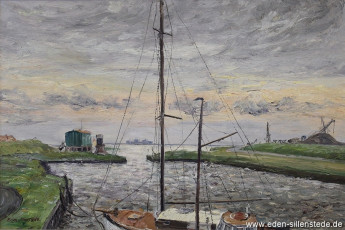 Horumersiel, Hafen bei Hochwasser, um 1961, 60x40 cm, Öl auf Leinwand, Besitz Schlossmuseum Jever (WV-Nr. 778)