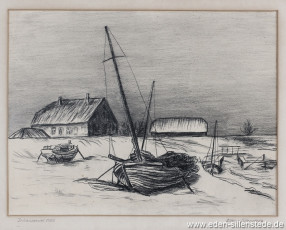 Inhausersiel, Am Siel im Winter, 1962, 38,5x29 cm, Kohlezeichnung, Privatbesitz (WV-Nr. 1390)