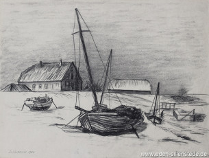 Inhausersiel, Am Siel im Winter, 1962, 39,5x29,5 cm, Kohlezeichnung, Nachlass Arthur Eden (WV-Nr. 198)