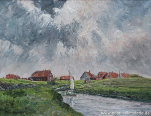 Inhausersiel, Blick auf das Dorf, 1965, 70x54 cm, Öl auf Leinwand, Privatbesitz (WV-Nr. 659)