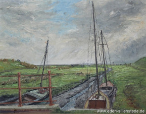 Inhausersiel, Boote bei Ebbe, 1960er, 63,5x49,5 cm, Öl auf Leinwand, Privatbesitz (WV-Nr. 861)