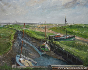 Inhausersiel, Boote bei Ebbe, 1964, 58x46 cm, Öl auf Leinwand, Privatbesitz (WV-Nr. 1234)