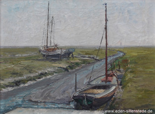 Inhausersiel, Boote bei Ebbe, um 1958, 55x40,5 cm, Öl auf Leinwand, Privatbesitz (WV-Nr. 480)