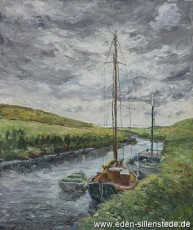 Inhausersiel, Boote beim Siel, 1967, 51x60,5 cm, Öl auf Leinwand, Privatbesitz (WV-Nr. 25)