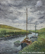 Inhausersiel, Boote beim Siel, 1967, 51x60,5 cm, Öl auf Leinwand, Privatbesitz (WV-Nr. 25)