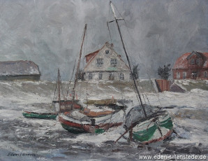 Inhausersiel, Im Hafen bei Winter, um 1960, 47x36,5 cm, Öl auf Leinwand, Privatbesitz (WV-Nr. 845)