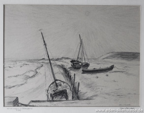 Inhausersiel, Wintermorgen, 1963, 39x29 cm, Kohlezeichnung, Privatbesitz (WV-Nr. 1315)