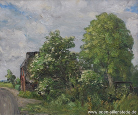 Jeringhave, Gehöft an der Straße, 1960er, 64,5x54,3 cm, Öl auf Leinwand, Privatbesitz (WV-Nr. 1484)