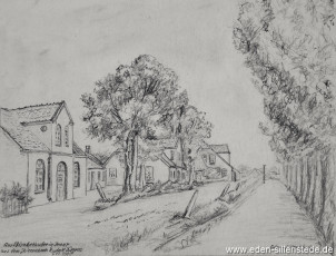 Jever, Stadt, Am Elisabethufer, 1950er, 27x21 cm, Kohlezeichnung, Nachlass Arthur Eden (WV-Nr. 258)