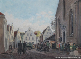 Jever, Stadt, Am Kirchplatz, Alte Stadtkirche, 1951, 75,5x55,5 cm, Öl auf Leinwand, Besitz Oberschule Jever (WV-Nr. 47)