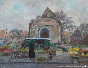 Jever, Stadt, Am Kirchplatz, Alte Stadtkirche mit Markt, um 1960, 70,5x55 cm, Öl auf Leinwand, Privatbesitz (WV-Nr. 693)