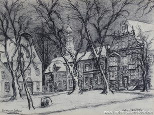 Jever, Stadt, Am Kirchplatz, Blick auf das Rathaus, 1958, 33x25 cm, Kohlezeichnung, Privatbesitz (WV-Nr. 27)