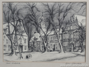 Jever, Stadt, Am Kirchplatz, Blick auf das Rathaus, 1960er, 32x23 cm, Kohlezeichnung, Privatbesitz (WV-Nr. 1128)