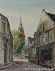 Jever, Stadt, Am Kirchplatz, Blick auf den Kirchturm, um 1944, 33x42 cm, Aquarell, Besitz Schlossmuseum Jever (WV-Nr. 737)