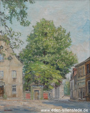 Jever, Stadt, Am Kirchplatz Ecke Flamenstraat, 1940er, 48,9x60,8 cm, Öl auf Leinwand, Privatbesitz (WV-Nr. 1250)