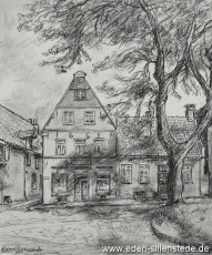 Jever, Stadt, Am Kirchplatz, Haus Schmidt-Minßen, 1950er, 25x30 cm, Kohlezeichnung, Privatbesitz (WV-Nr. 1229)