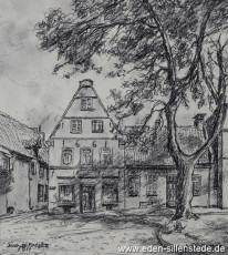 Jever, Stadt, Am Kirchplatz, Haus Schmidt-Minßen, 1951, 26x29 cm, Kohlezeichnung, Besitz Landkreis Friesland (WV-Nr. 622)