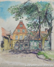 Jever, Stadt, Am Kirchplatz, Haus Schmidt-Minßen, 1951, 28x37 cm, Aquarell, Nachlass Arthur Eden (WV-Nr. 156)