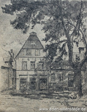 Jever, Stadt, Am Kirchplatz, Haus Schmidt-Minßen, um 1951, Aquarell, Quelle Historienkalender auf das Jahr 1949, Seite 19 (WV-Nr. 912)