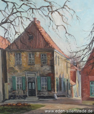 Jever, Stadt, Am Kirchplatz, Provinzialschule, 1936, 41,5x49,5 cm, Öl auf Leinwand, Besitz Schlossmuseum Jever (WV-Nr. 733)