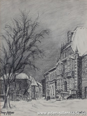 Jever, Stadt, Am Kirchplatz, Rathaus, 1955, 22x28 cm, Kohlezeichnung, Privatbesitz (WV-Nr. 1445)