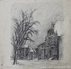Jever, Stadt, Am Kirchplatz, Rathaus, 1955, 29,5x29,5 cm, Kohlezeichnung, Nachlass Arthur Eden (WV-Nr. 226)
