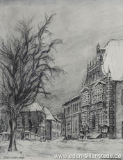 Jever, Stadt, Am Kirchplatz, Rathaus, um 1955, 22x28 cm, Kohlezeichnung, Privatbesitz (WV-Nr. 555)