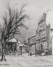 Jever, Stadt, Am Kirchplatz, Rathaus,1947, Kohlezeichnung, Besitz Landkreis Friesland (WV-Nr. 650)