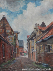 Jever, Stadt, Am Kirchplatz, Rösterföhr, 1948, 32x41 cm, Öl auf Leinwand, Besitz Schlossmuseum Jever (WV-Nr. 732)