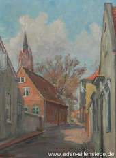 Jever, Stadt, Am Kirchplatz, Rosmarinstraße, 31x41,5 cm, um 1950, Öl auf Leinwand, Besitz Schlossmuseum Jever (WV-Nr. 756)